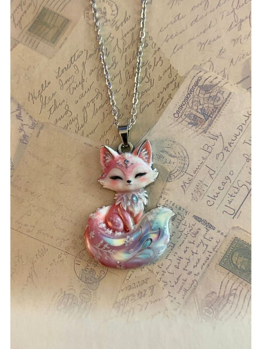 Whimsical Fox Pendant Necklace with Pastel Rainbow Tail